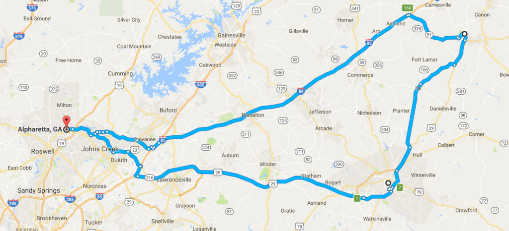 Alpharetta to Victoria Bryant Royston Georgia Map